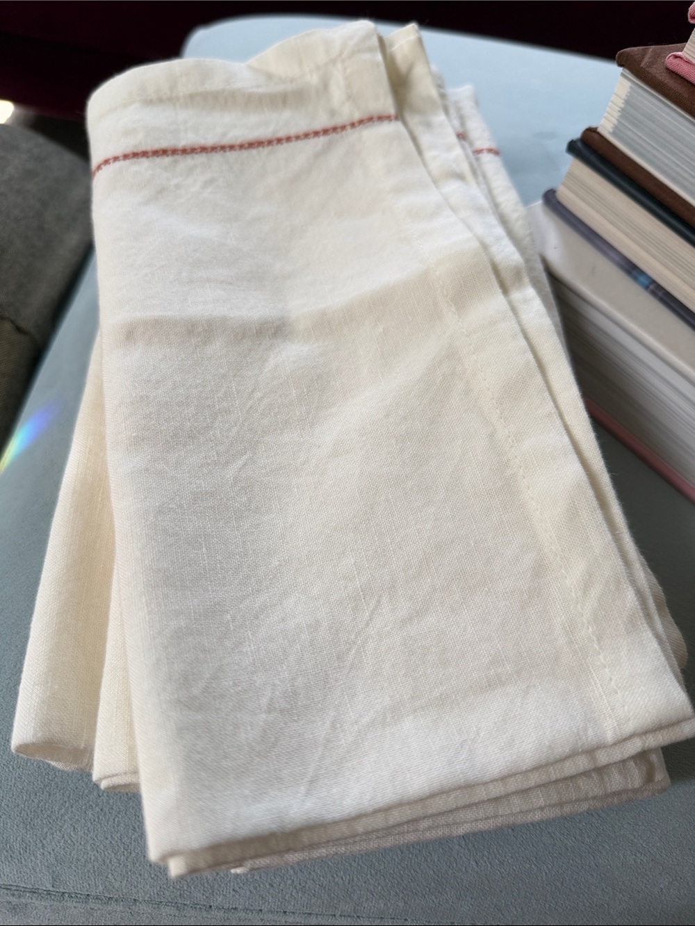 6 Hearth & Hand Cream Linen Napkins with Terra cotta Stitching